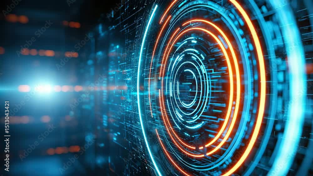 Poster futuristic digital interface with glowing blue and orange circular patterns, abstract technology bac