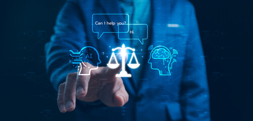 Hand touching holographic concepts of artificial intelligence, legal compliance, and ethical considerations in technology. Relationship between AI and human decision-making in the legal and business.