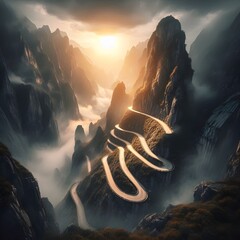 Mountain road with sharp curves winding through foggy cliffs illuminated by golden light on peak in hyper-realistic style expressing emotional solitude and determination