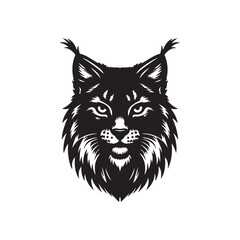 Bold black and white lynx head illustration with sharp details, prominent ear tufts, and an intense gaze, perfect for logos, tattoos, or wildlife-themed designs