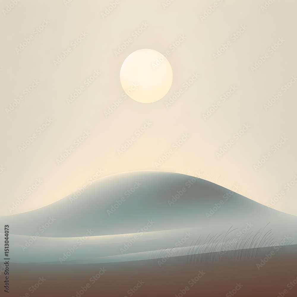 Poster stylized soft landscape featuring single hill with sparse grass under foggy sky isolated from surrou