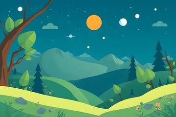 Illustrated landscape with rolling green hills, pine trees, and a large orange sun in a starry sky. A winding path and colorful flowers are in the foreground