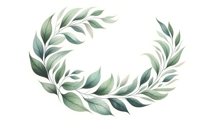 Obraz premium Hand-painted watercolor leaf banner with soft green tones and flowing foliage in stylized arc on transparent background showcasing delicate artistic botanical design