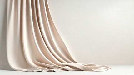 Soft Beige Curtain Draped Against a Textured White Wall