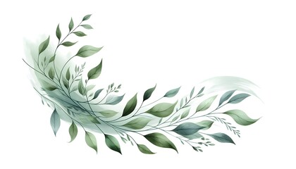 Artistic delicate watercolor leaf banner featuring stylized hand-painted soft green foliage arranged in flowing arc on transparent background botanical theme