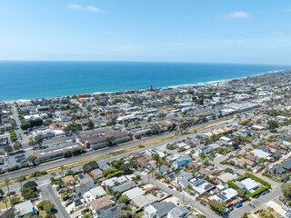 Aerial view of wealthy Encinitas town with blue ocean in San Diego, South California, USA. 