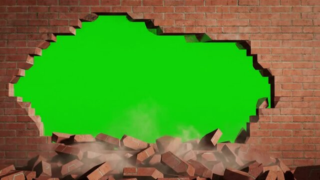 Brick wall with a large hole and green screen, showing signs of damage and destruction, with dust and debris scattered around the opening