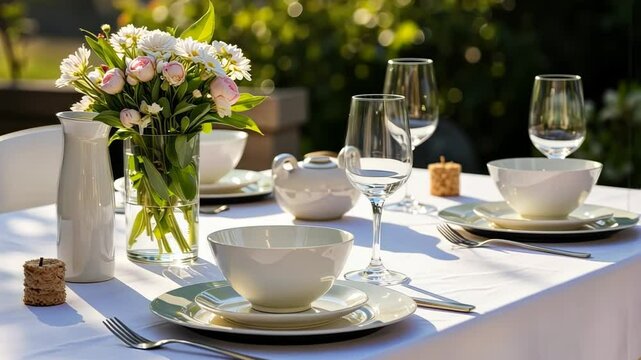 Elegant outdoor dining table set with flowers and dinnerware  