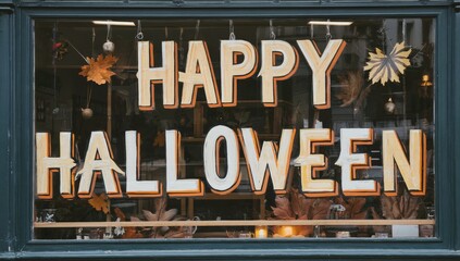 Window with a sign that says Happy Halloween