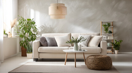 Cozy living room interior design with beige sofa, plants, and natural elements