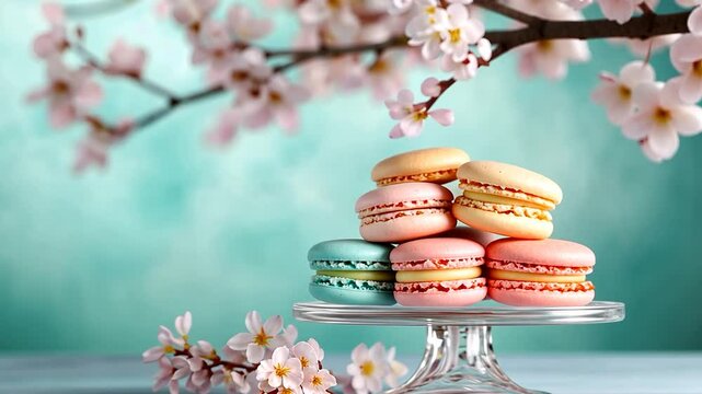 Pastel macarons stacked with cherry blossom flowers on a glass stand