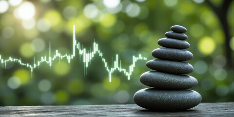 Obraz premium Balanced Portfolio Zen Stones with Stock Ticker Stacked Zen stones with a subtle overlay of a stock ticker displaying positive