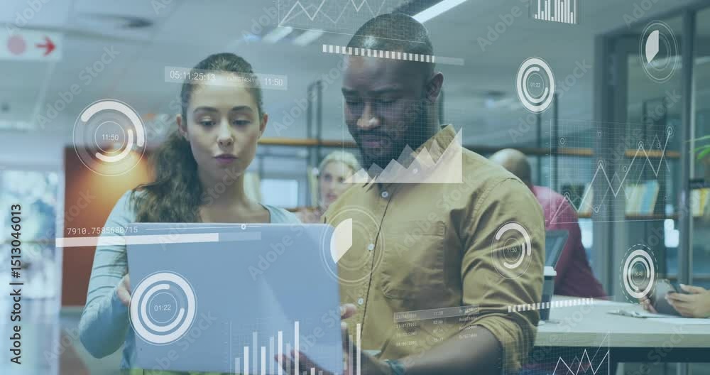 Poster woman glancing laptop and explaining chart overlays and peer scrolling data for business insights