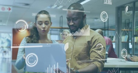 Woman glancing laptop and explaining chart overlays and peer scrolling data for business insights - Powered by Adobe