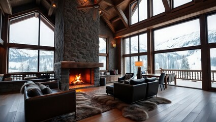 Interior of a luxurious cabin with stone fireplace and views of snow covered mountains outside windows