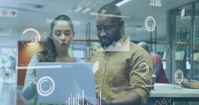 Woman glancing laptop and explaining chart overlays and peer scrolling data for business insights