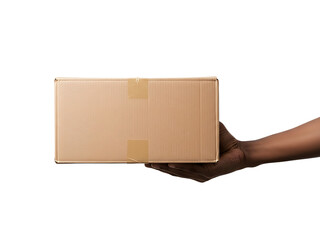 Woman’s hand holding a medium-sized cardboard parcel box sealed with brown packing tape, isolated on a transparent background – ideal for shipping, delivery, and ecommerce packaging visuals.