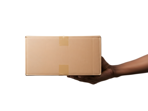 Woman’s hand holding a medium-sized cardboard parcel box sealed with brown packing tape, isolated on a transparent background – ideal for shipping, delivery, and ecommerce packaging visuals.