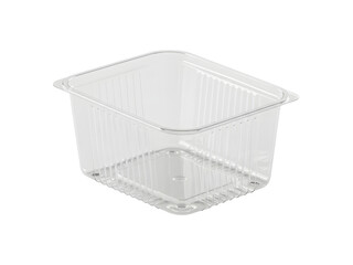 A clear plastic food container with a fitted lid, filled with freshly picked strawberries, blueberries, and raspberries, neatly arranged and glowing with vibrant natural colors, isolated on a clean wh