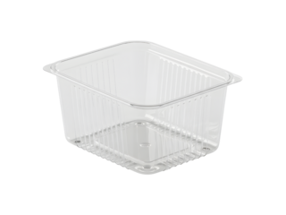 A clear plastic food container with a fitted lid, filled with freshly picked strawberries, blueberries, and raspberries, neatly arranged and glowing with vibrant natural colors, isolated on a clean wh