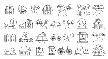 Rural landscape line art icons farm houses trees bicycle