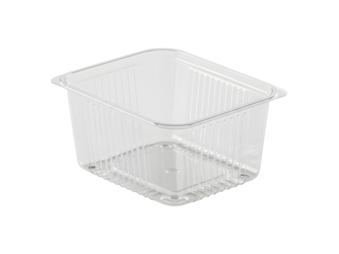 A clear plastic food container with a fitted lid, filled with freshly picked strawberries, blueberries, and raspberries, neatly arranged and glowing with vibrant natural colors, isolated on a clean wh