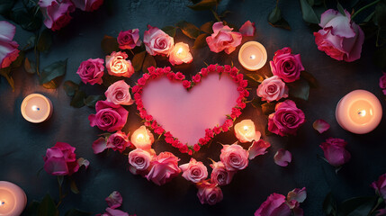 Pink heart encircled by blooming roses, set in a ritual of love and warmth, illuminated by the soft glow of candles--a perfect Valentine's Day