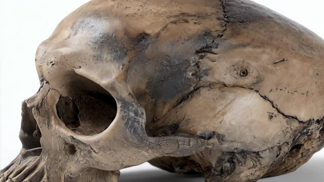 Detailed anatomical study of a human skull showing bone structure and imperfections for educational or macabre conceptual imagery.