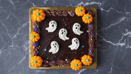 Obraz premium Chocolate cake with white frosting and orange pumpkins around it. The cake is decorated with five ghosts and stars