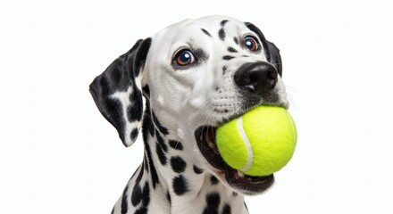 Dalmatian Delight Spotted Pup with Tennis Ball in Mouth.