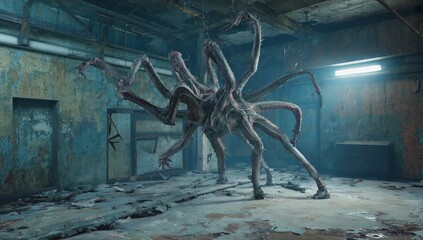Creepy monster with many legs and a long tail is walking through a dark room. Scene is eerie and unsettling