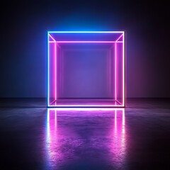Neon cube on dark floor