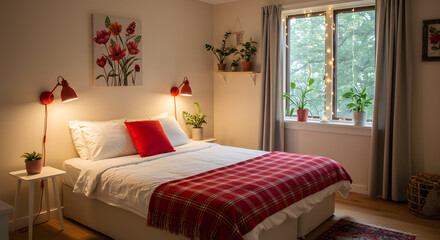 Cozy Bedroom Interior with Red Accents, Bed, Window, and Plants