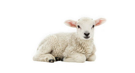A lamb with white wool lying down isolated on a transparent  background looking ahead