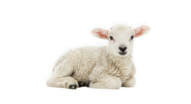 A lamb with white wool lying down isolated on a transparent  background looking ahead