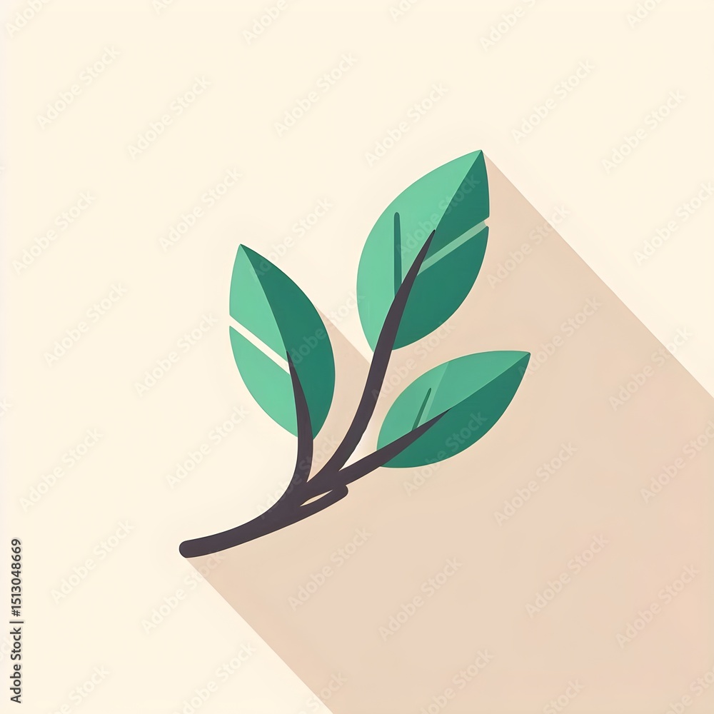 Poster flat vector design of a lone green leaf or branch isolated on plain background with soft shadow feat