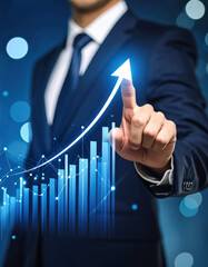 Photography advertising shot of close up businessman touching an upward arrow on a virtual graph with empty background.
