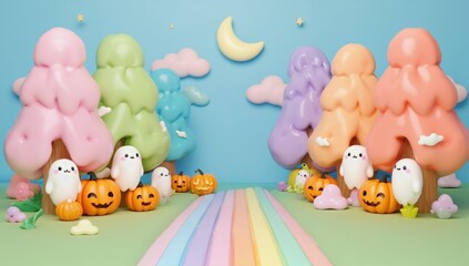 Obraz premium Colorful scene of a forest with a rainbow and a moon in the sky. There are many trees and pumpkins scattered throughout the scene