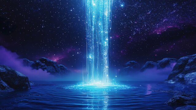 Blue waterfall is flowing into a body of water. The sky is filled with stars and the water is calm
