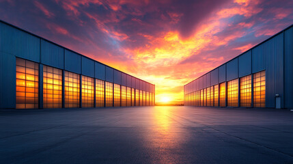 Futuristic industrial warehouse at sunset with golden reflections on windows, empty paved lot, and dramatic sky. Ideal for commercial, logistics, or AI research themes.