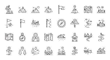 Hiking adventure mountain icons line art graphic design