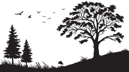 Majestic tree silhouette landscape with birds and evergreen trees