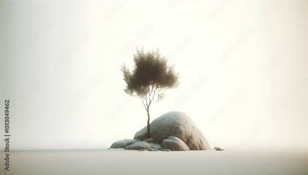 Poster peaceful and serene nature composition showing single tree or rock on white background with muted so