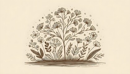 Isolated hand-drawn tree or flower cluster vignette on cream background with peaceful minimalism and calming natural earthy details