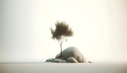Peaceful and serene nature composition showing single tree or rock on white background with muted soft tones and minimal design