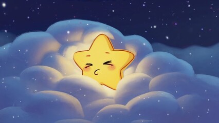 Cartoon star is sleeping in a cloud. The star is surrounded by a lot of clouds and the sky is dark