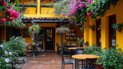 Yellow Building with Colorful Flowers and Patio 