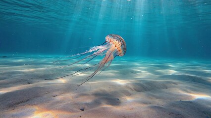 Jellyfish is swimming in the ocean. The water is clear and the sun is shining brightly