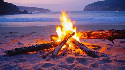 Fire is burning on a beach, with the ocean in the background. The fire is surrounded by logs, and the scene is peaceful and relaxing
