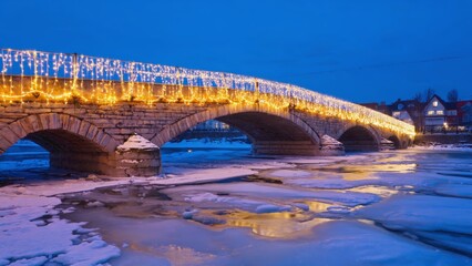 Bridge lit up with lights is seen in the distance. The bridge is lit up with lights and the water is frozen